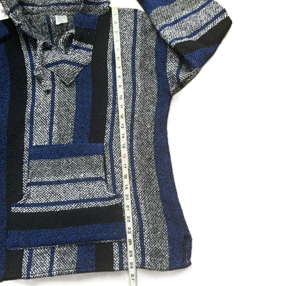 Roxy Blue Striped Hooded Drawstring Baja Sweater Indie Aesthetic Unisex Size Med
